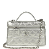 Chanel Top Handle Long Vanity Case with Chain Metallic Silver Shiny Caviar Silver Hardware