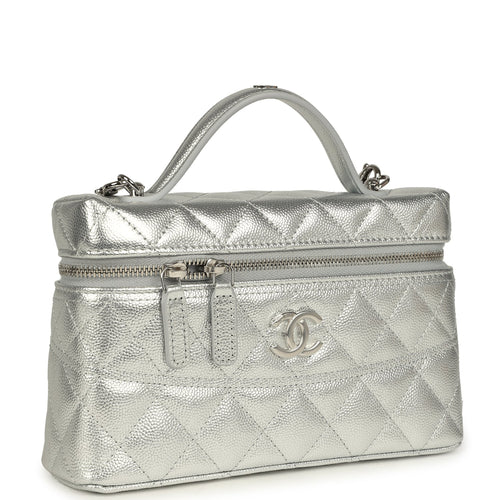 Chanel Top Handle Long Vanity Case with Chain Metallic Silver Shiny Caviar Silver Hardware