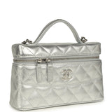 Chanel Top Handle Long Vanity Case with Chain Metallic Silver Shiny Caviar Silver Hardware