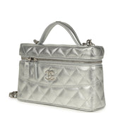 Chanel Top Handle Long Vanity Case with Chain Metallic Silver Shiny Caviar Silver Hardware