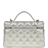 Chanel Top Handle Long Vanity Case with Chain Metallic Silver Shiny Caviar Silver Hardware