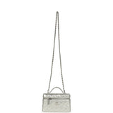Chanel Top Handle Long Vanity Case with Chain Metallic Silver Shiny Caviar Silver Hardware