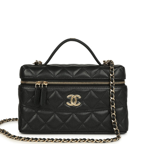 Chanel Top Handle Long Vanity Case with Chain Black Shiny Caviar Light Gold Hardware