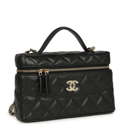 Chanel Top Handle Long Vanity Case with Chain Black Shiny Caviar Light Gold Hardware