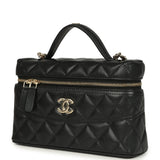Chanel Top Handle Long Vanity Case with Chain Black Shiny Caviar Light Gold Hardware
