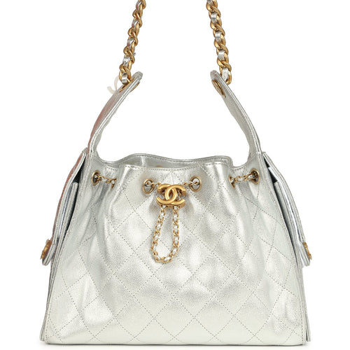 Chanel Small 25 Hobo Bag Metallic Silver Caviar Antique Gold Hardware