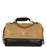 Chanel Coco Base Top Handle Flap Bag Brown Suede and Black Shiny Lambskin Brushed Gold Hardware