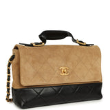 Chanel Coco Base Top Handle Flap Bag Brown Suede and Black Shiny Lambskin Brushed Gold Hardware