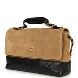 Chanel Coco Base Top Handle Flap Bag Brown Suede and Black Shiny Lambskin Brushed Gold Hardware