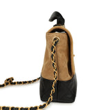 Chanel Coco Base Top Handle Flap Bag Brown Suede and Black Shiny Lambskin Brushed Gold Hardware