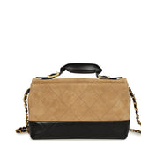 Chanel Coco Base Top Handle Flap Bag Brown Suede and Black Shiny Lambskin Brushed Gold Hardware