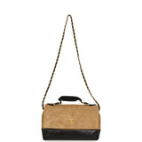 Chanel Coco Base Top Handle Flap Bag Brown Suede and Black Shiny Lambskin Brushed Gold Hardware