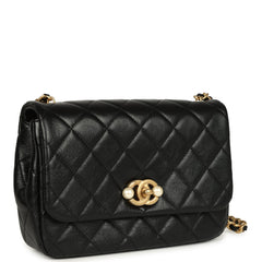Chanel Small Pearl Flap Bag Black Shiny Calfskin Brushed Gold Hardware