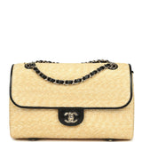 Chanel Large Flap Bag Beige Raffia and Black Lambskin Light Gold Hardware