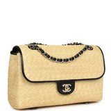 Chanel Large Flap Bag Beige Raffia and Black Lambskin Light Gold Hardware