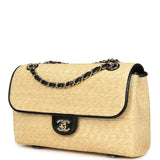 Chanel Large Flap Bag Beige Raffia and Black Lambskin Light Gold Hardware