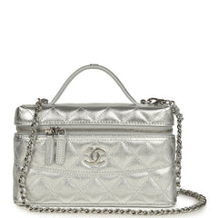 Chanel Top Handle Long Vanity Case with Chain Metallic Silver Shiny Caviar Silver Hardware