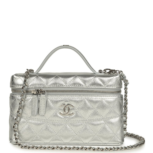 Chanel Top Handle Long Vanity Case with Chain Metallic Silver Shiny Caviar Silver Hardware