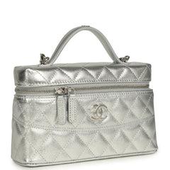 Chanel Top Handle Long Vanity Case with Chain Metallic Silver Shiny Caviar Silver Hardware