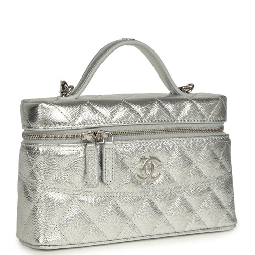 Chanel Top Handle Long Vanity Case with Chain Metallic Silver Shiny Caviar Silver Hardware