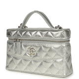Chanel Top Handle Long Vanity Case with Chain Metallic Silver Shiny Caviar Silver Hardware