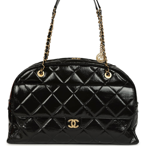 Chanel Maxi Bowling Bag Black Shiny Crumpled Calfskin Antique Gold Hardware