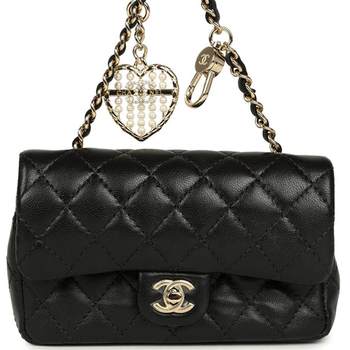 Chanel Nano Classic Double Flap Bag Charm Black Lambskin Light Gold Hardware