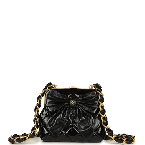 Chanel Mini Clutch with Bow Crossbody Bag Black Shiny Lambskin and Patent Crumpled Lambskin Antique Gold Hardware