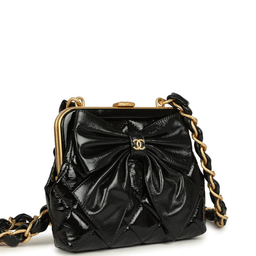 Chanel Mini Clutch with Bow Crossbody Bag Black Shiny Lambskin and Patent Crumpled Lambskin Antique Gold Hardware