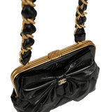 Chanel Mini Clutch with Bow Crossbody Bag Black Shiny Lambskin and Patent Crumpled Lambskin Antique Gold Hardware