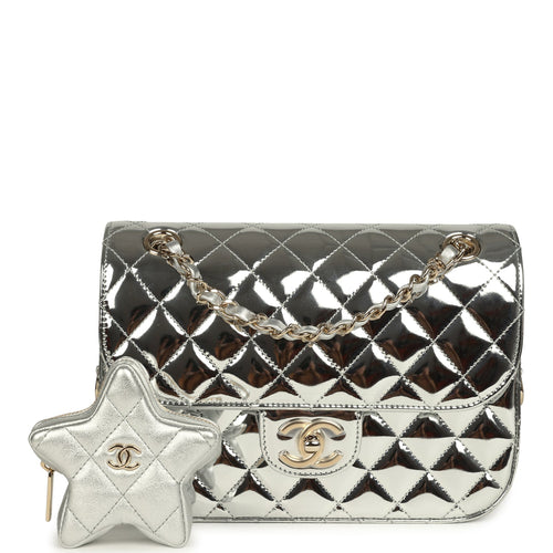 Chanel Small Flap Bag & Star Coin Purse Silver Mirror Calfskin and Metallic Calfskin Light Gold Hardware