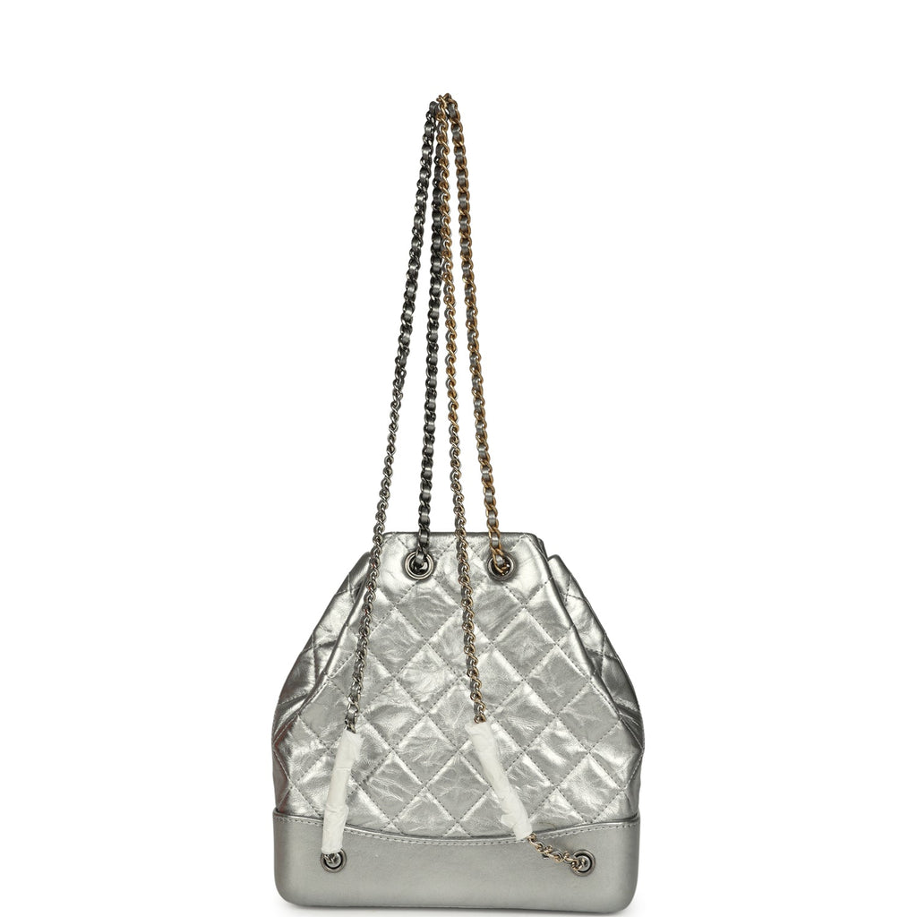 chanel gabrielle leather backpack Pre-owned Chanel Small Gabrielle Backpack Metallic Silver Aged Calfski