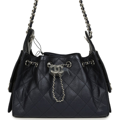 Chanel Mini 25 Hobo Bag Dark Blue Metallic Caviar Silver Hardware