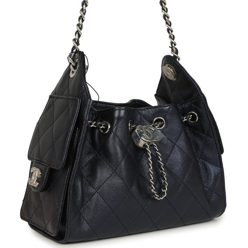 Chanel Mini 25 Hobo Bag Dark Blue Metallic Caviar Silver Hardware