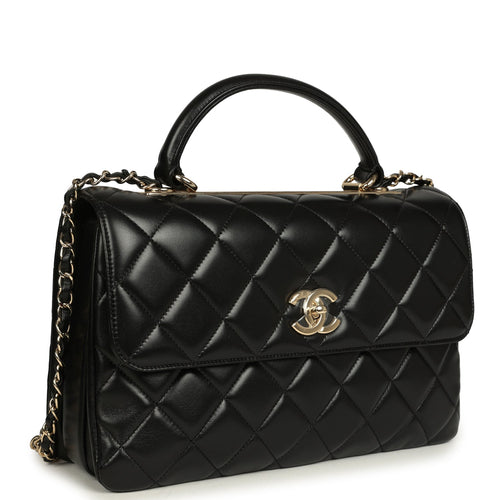 Chanel Large Trendy CC Top Handle Flap Bag Black Lambskin Light Gold Hardware