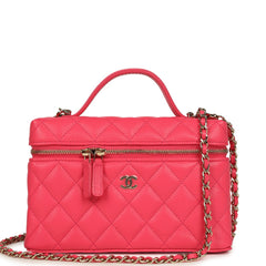 Chanel Top Handle Long Vanity Case with Chain Fuchsia Shiny Caviar Light Gold Hardware