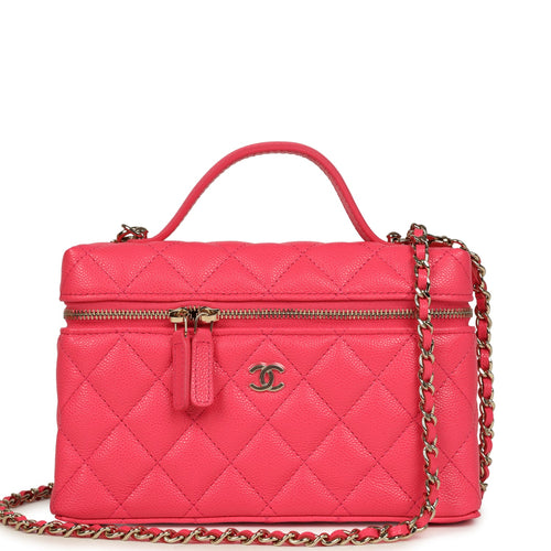 Chanel Top Handle Long Vanity Case with Chain Fuchsia Shiny Caviar Light Gold Hardware