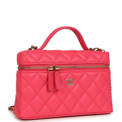 Chanel Top Handle Long Vanity Case with Chain Fuchsia Shiny Caviar Light Gold Hardware