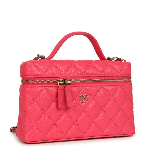 Chanel Top Handle Long Vanity Case with Chain Fuchsia Shiny Caviar Light Gold Hardware