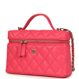 Chanel Top Handle Long Vanity Case with Chain Fuchsia Shiny Caviar Light Gold Hardware