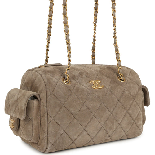 Chanel Small Bowling Bag Dark Grey Suede Antique Gold Hardware