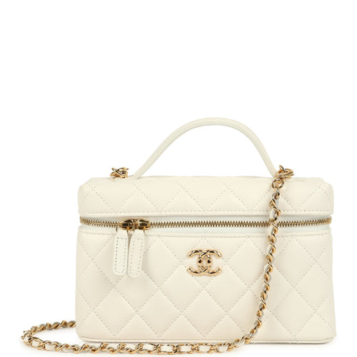 Chanel Top Handle Long Vanity Case with Chain White Caviar Gold Hardware
