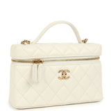 Chanel Top Handle Long Vanity Case with Chain White Caviar Gold Hardware
