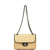 Chanel Small Flap Bag Beige Braided Raffia and Black Lambskin Light Gold Hardware