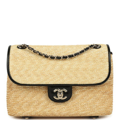 Chanel Small Flap Bag Beige Braided Raffia and Black Lambskin Light Gold Hardware