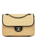 Chanel Small Flap Bag Beige Braided Raffia and Black Lambskin Light Gold Hardware