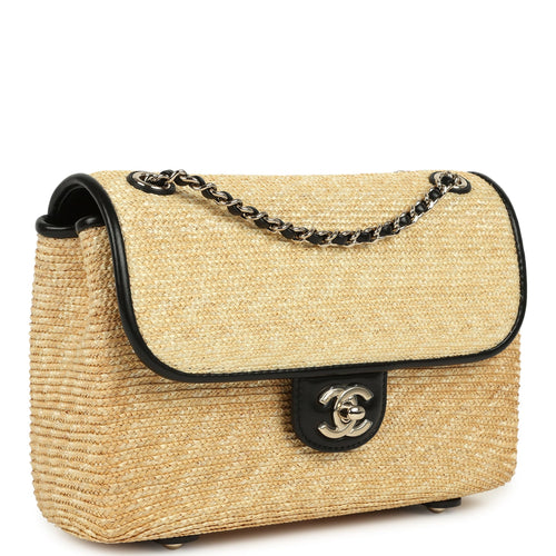 Chanel Small Flap Bag Beige Braided Raffia and Black Lambskin Light Gold Hardware