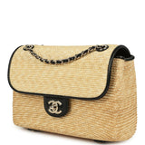 Chanel Small Flap Bag Beige Braided Raffia and Black Lambskin Light Gold Hardware