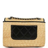 Chanel Small Flap Bag Beige Braided Raffia and Black Lambskin Light Gold Hardware
