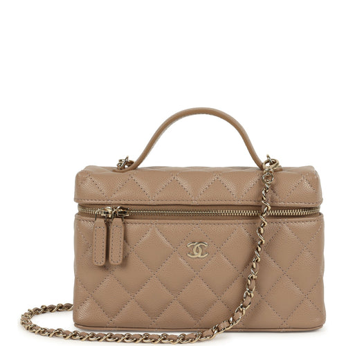 Chanel Top Handle Long Vanity Case with Chain Dark Beige Shiny Caviar Light Gold Hardware